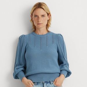 Ralph Lauren crew neck reverse jersey stitch puff sleeve sweater Provincial Blue